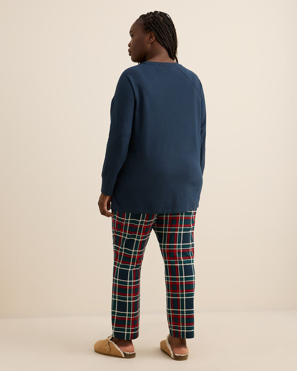 Teddy Bear and Plaid Print Knit Tunic Top and Legging Pyjama Set - ti Voglio Dress Blues