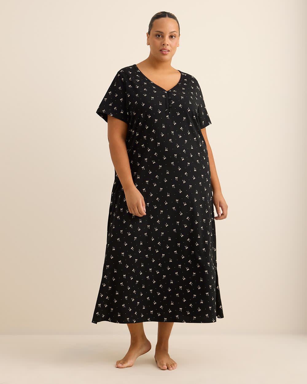 Long Black Short-Sleeve Knit Sleepshirt with Bow Print - ti Voglio Black printed