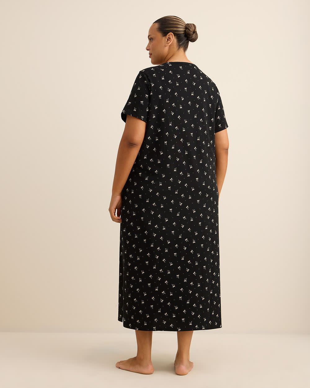 Long Black Short-Sleeve Knit Sleepshirt with Bow Print - ti Voglio Black printed