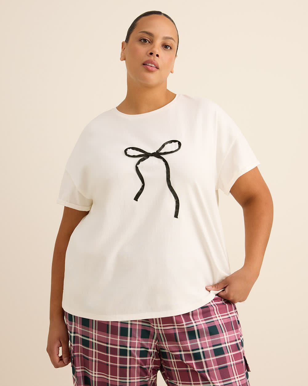 Boxy-Fit Short-Sleeve Crewneck Pyjama Tee with Satin Bow Appliqué - ti Voglio Snow white