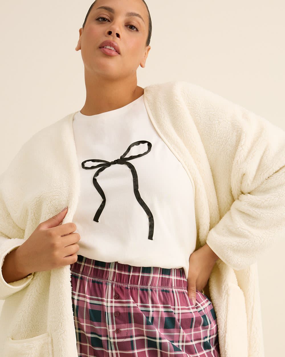 Boxy-Fit Short-Sleeve Crewneck Pyjama Tee with Satin Bow Appliqué - ti Voglio Snow white