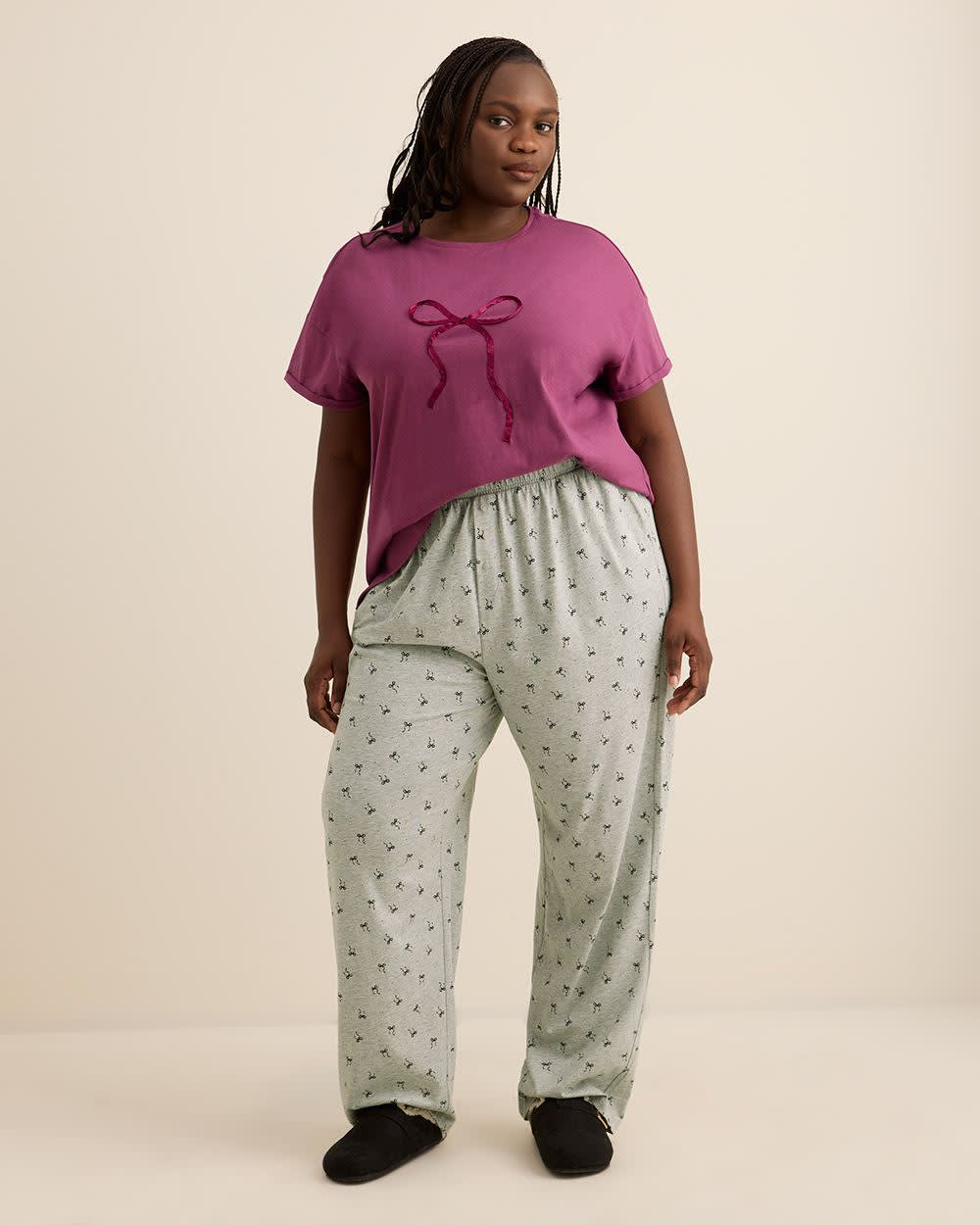 Boxy-Fit Short-Sleeve Crewneck Pyjama Tee with Satin Bow Appliqué - ti Voglio Amaranth