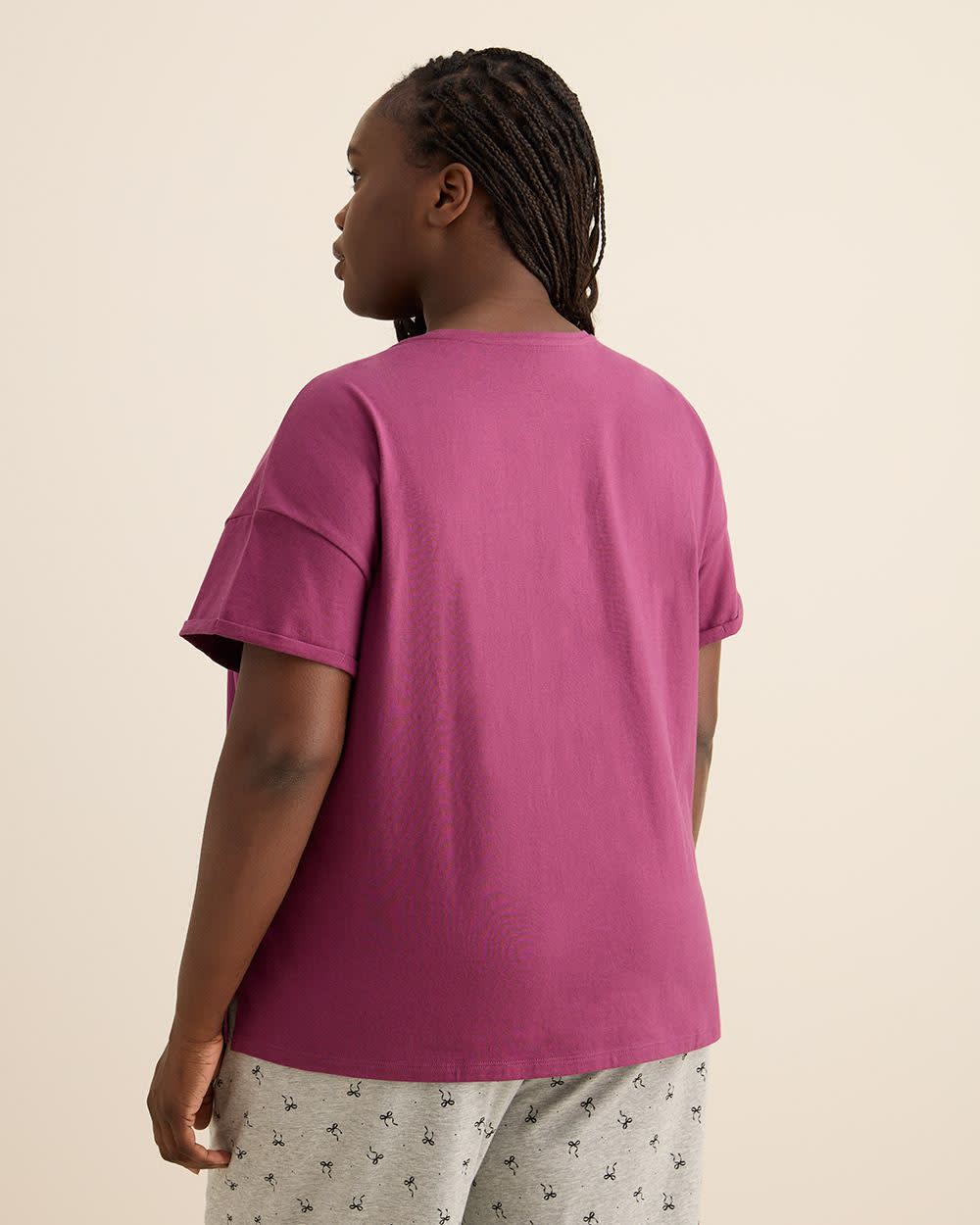 Boxy-Fit Short-Sleeve Crewneck Pyjama Tee with Satin Bow Appliqué - ti Voglio Amaranth