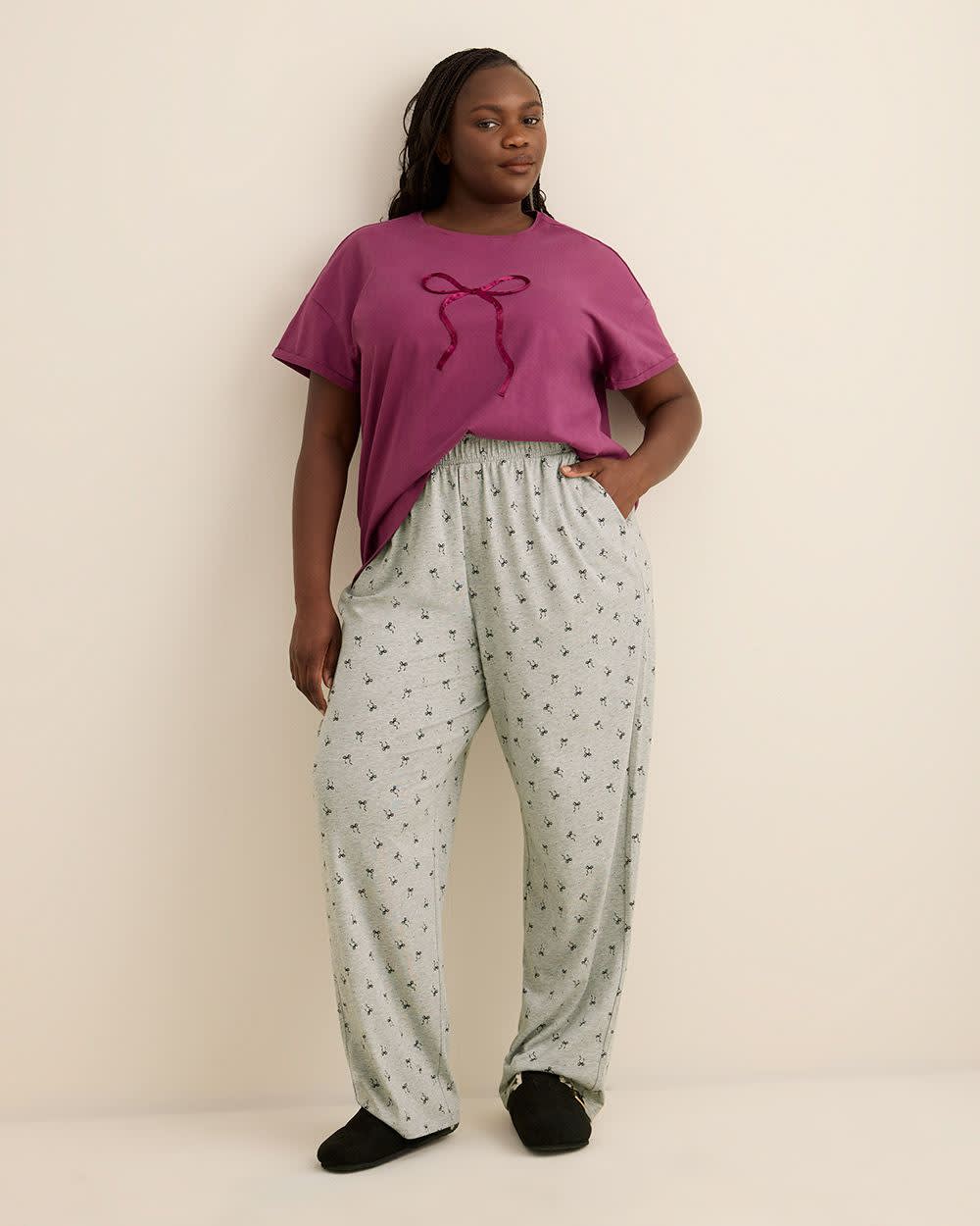 Grey Bow-Print Heather Knit Pyjama Pant - ti Voglio Medium grey mix printed-
