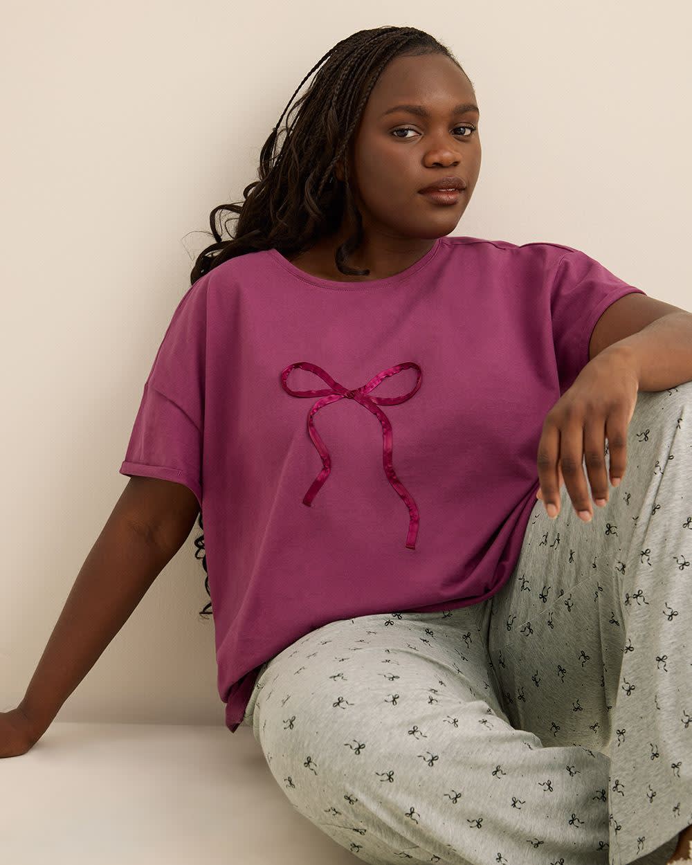 Grey Bow-Print Heather Knit Pyjama Pant - ti Voglio Medium grey mix printed- 4 Grey Bow-Print Heather Knit Pyjama Pant - ti Voglio Medium grey mix printed-
