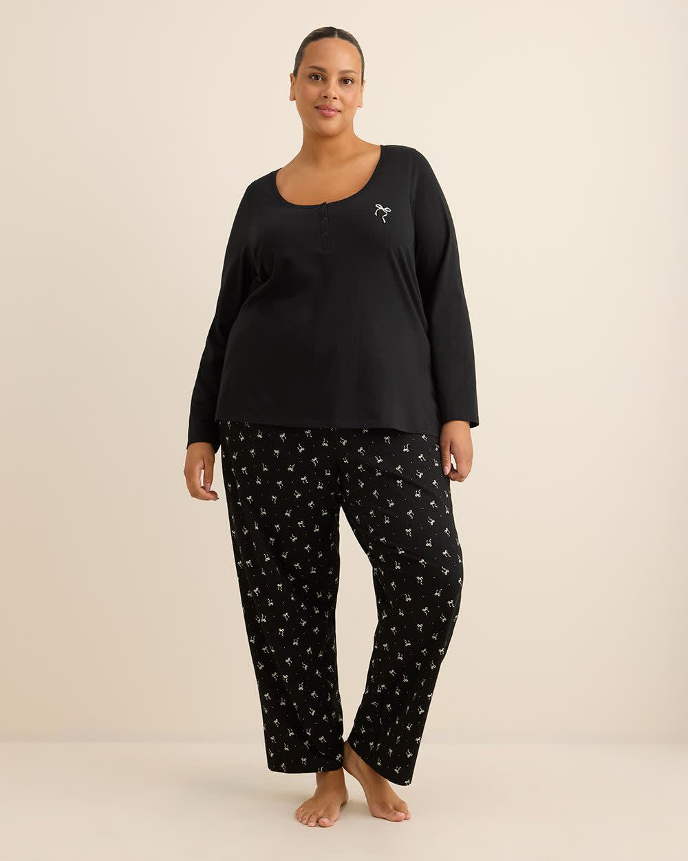 Black Bow-Print Cotton Knit Pyjama Pant - ti Voglio Black printed