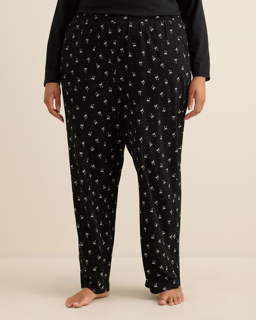 Black Bow-Print Cotton Knit Pyjama Pant - ti Voglio Black printed
