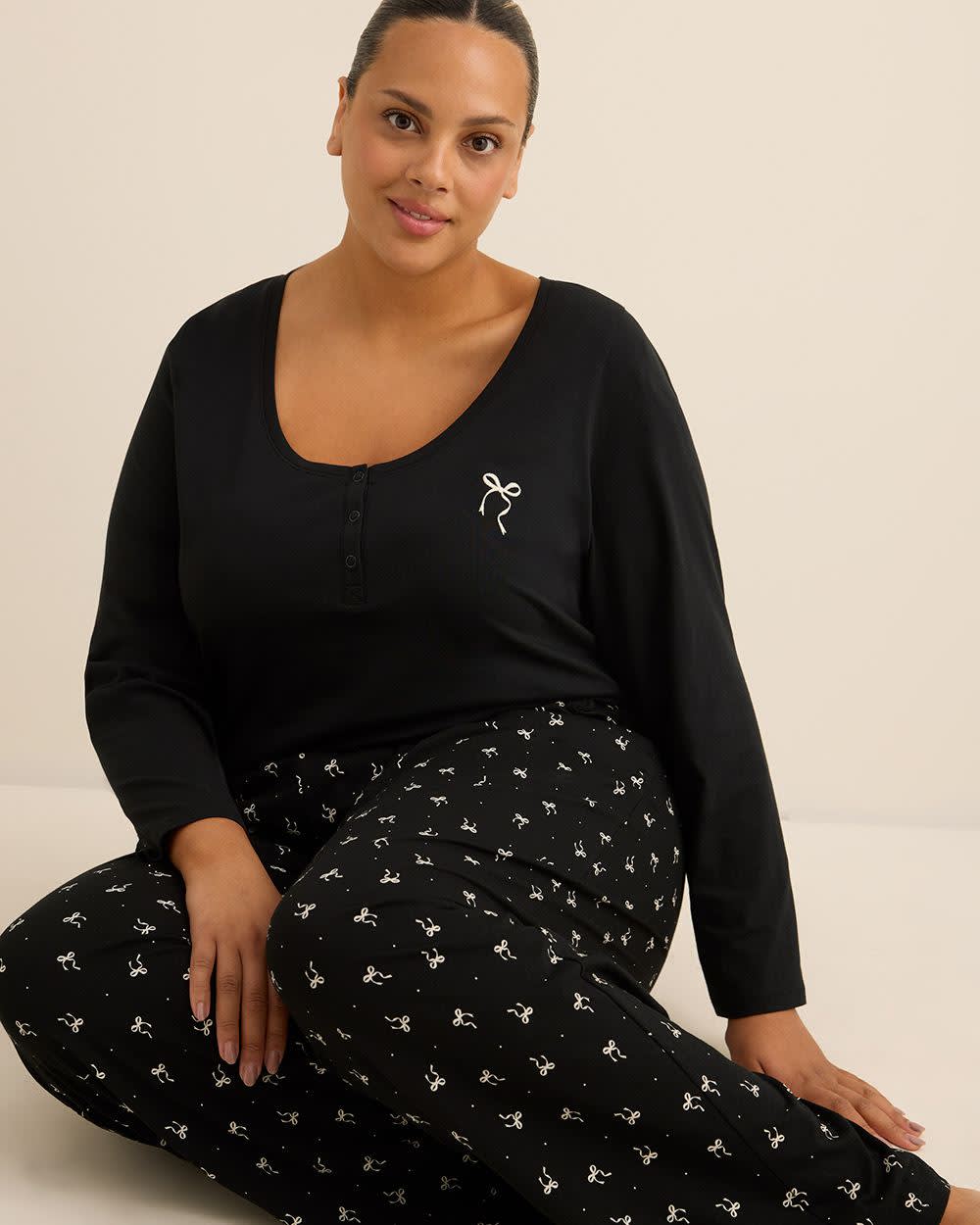 Black Bow-Print Cotton Knit Pyjama Pant - ti Voglio Black printed 4 Black Bow-Print Cotton Knit Pyjama Pant - ti Voglio Black printed