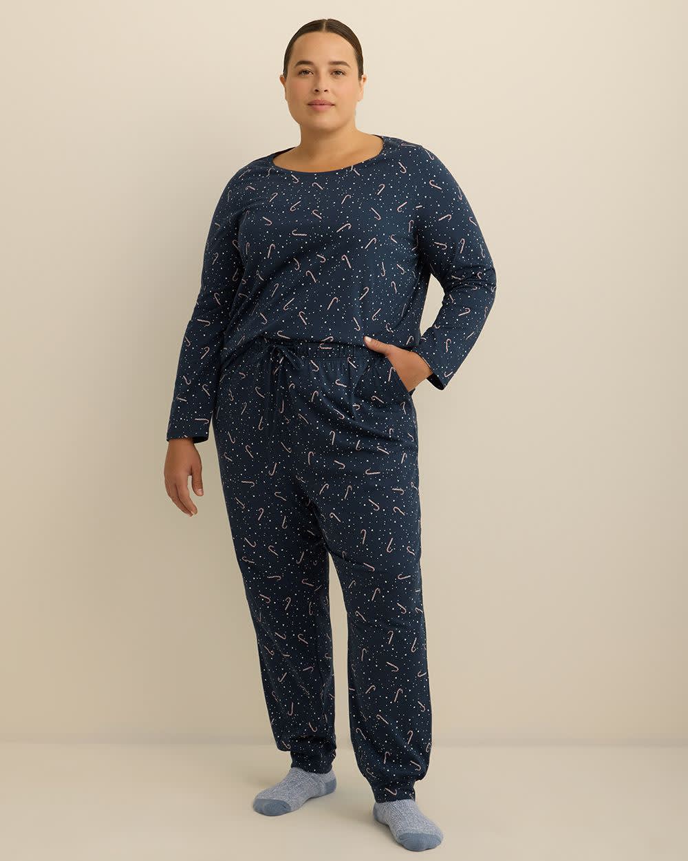 Candy Cane Print Knit Long-Sleeve Tee and Jogger Pant Pyjama Set - ti Voglio Dress blue printed