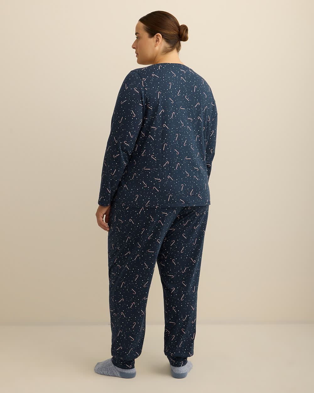 Candy Cane Print Knit Long-Sleeve Tee and Jogger Pant Pyjama Set - ti Voglio Dress blue printed