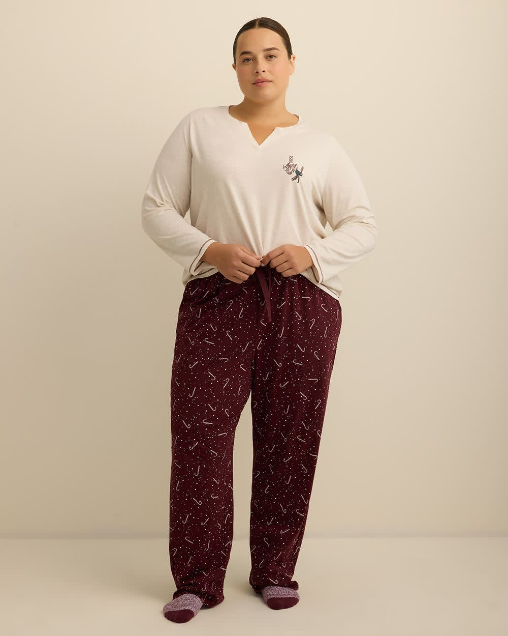 Candy Cane Long-Sleeve Notch Tee and Straight Pant Pyjama Set - ti Voglio Oatmeal heather