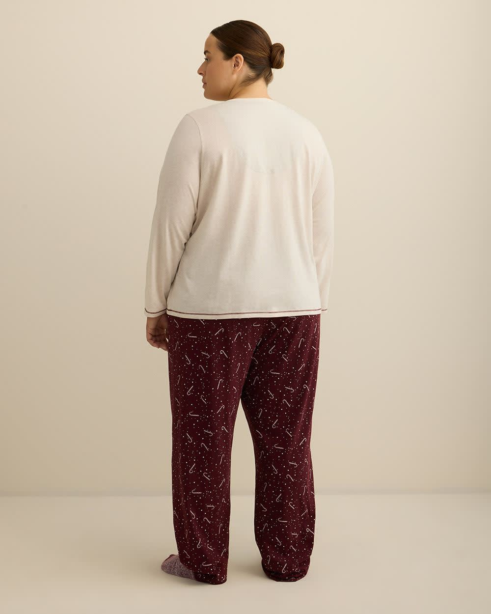 Candy Cane Long-Sleeve Notch Tee and Straight Pant Pyjama Set - ti Voglio Oatmeal heather