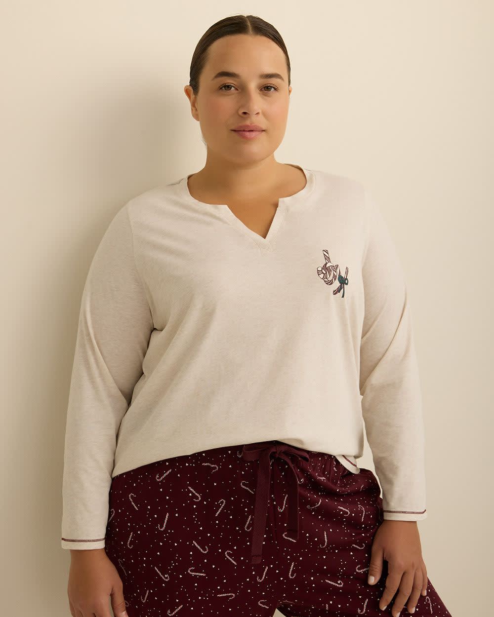 Candy Cane Long-Sleeve Notch Tee and Straight Pant Pyjama Set - ti Voglio Oatmeal heather