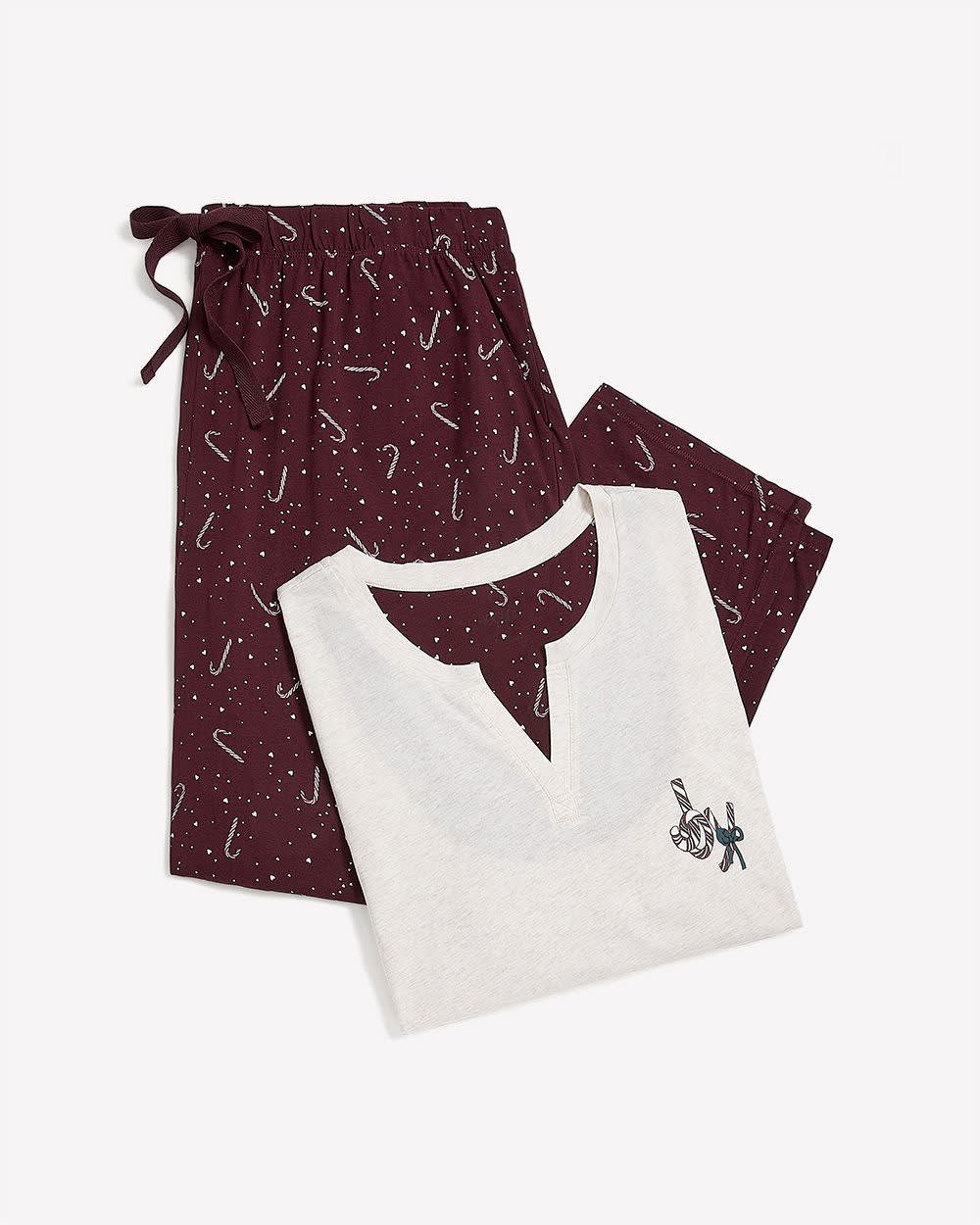 Candy Cane Long-Sleeve Notch Tee and Straight Pant Pyjama Set - ti Voglio Oatmeal heather