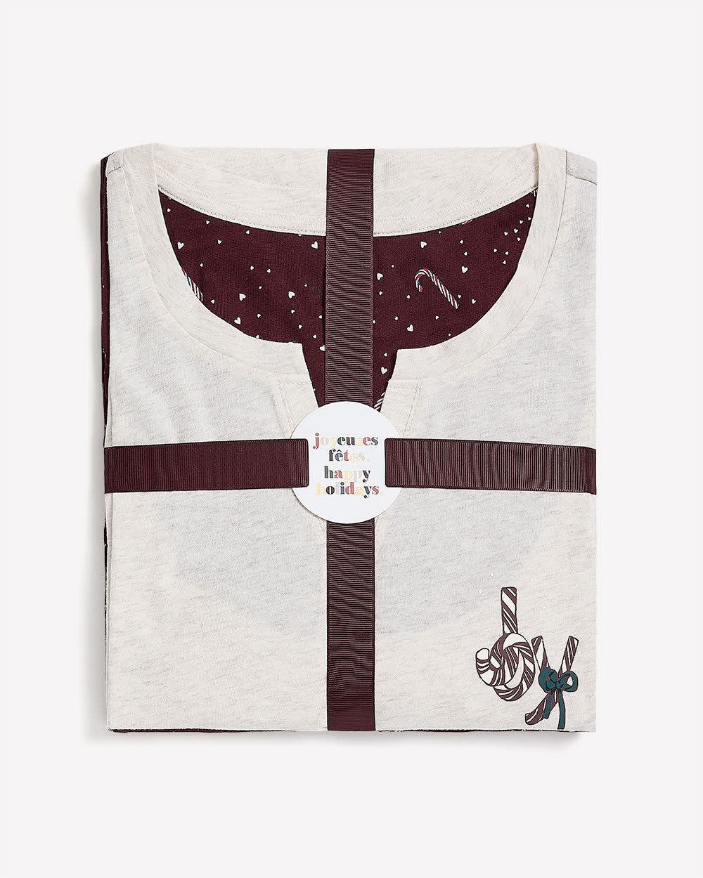 Candy Cane Long-Sleeve Notch Tee and Straight Pant Pyjama Set - ti Voglio Oatmeal heather