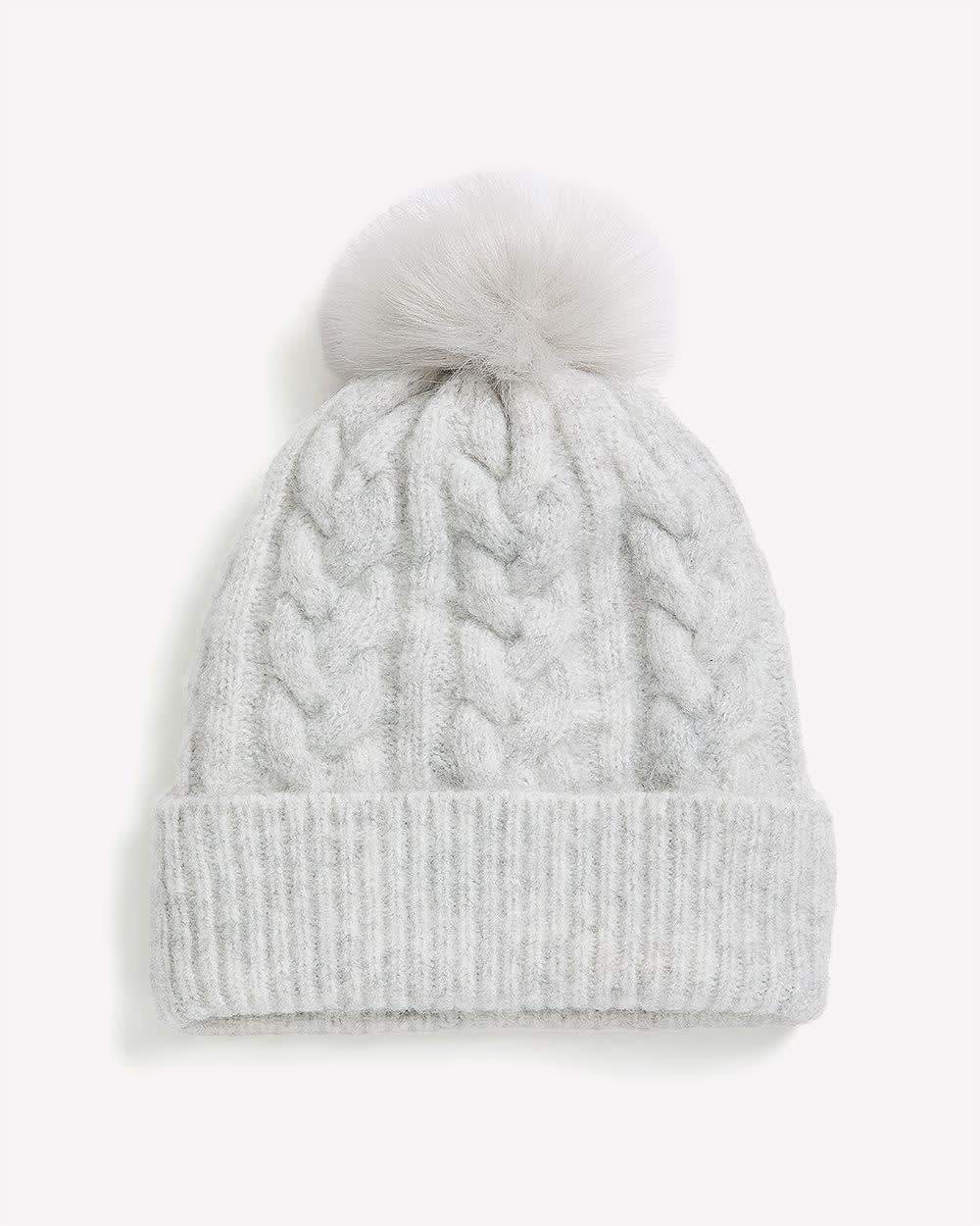 Pompom Cable Knit Beanie Light grey