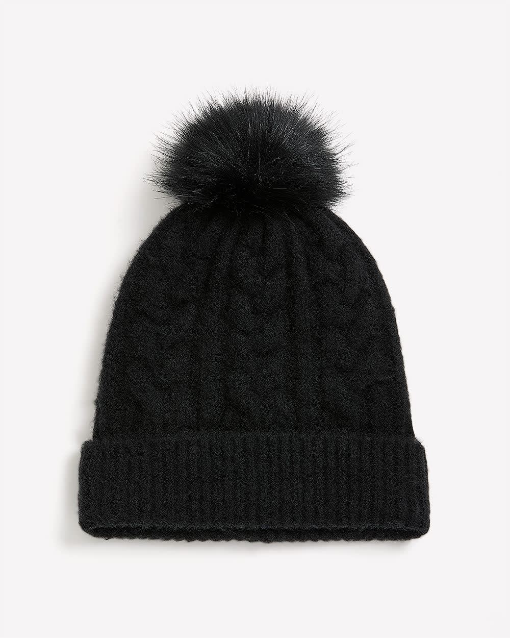 Pompom Cable Knit Beanie Black