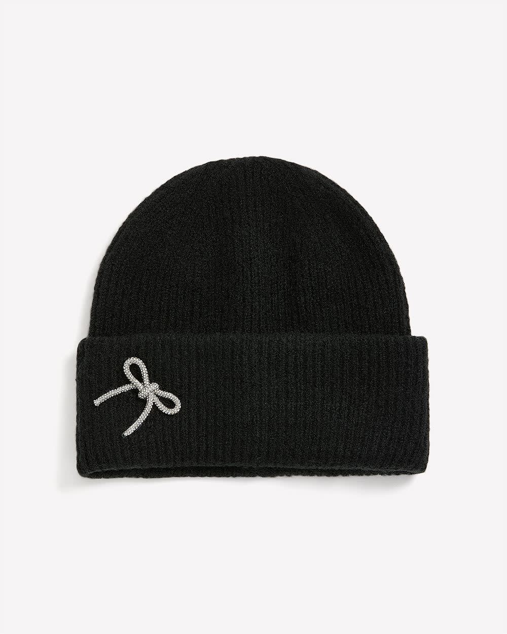 Ribbed Knit Beanie with Jewel Bow Black