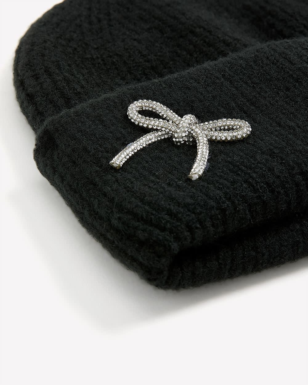 Ribbed Knit Beanie with Jewel Bow Black