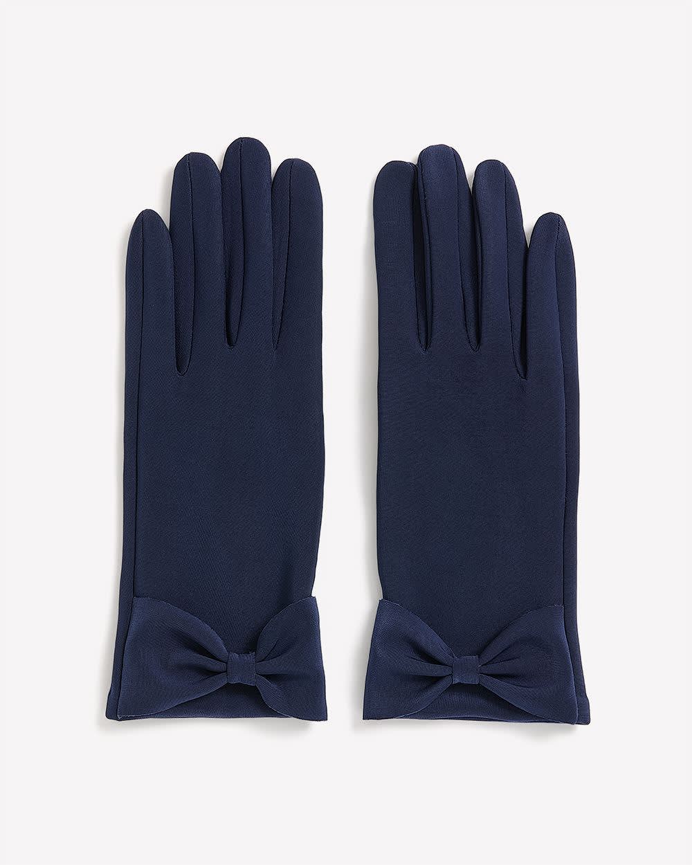 Knitted Dressy Gloves with Bow at Wrist Navy