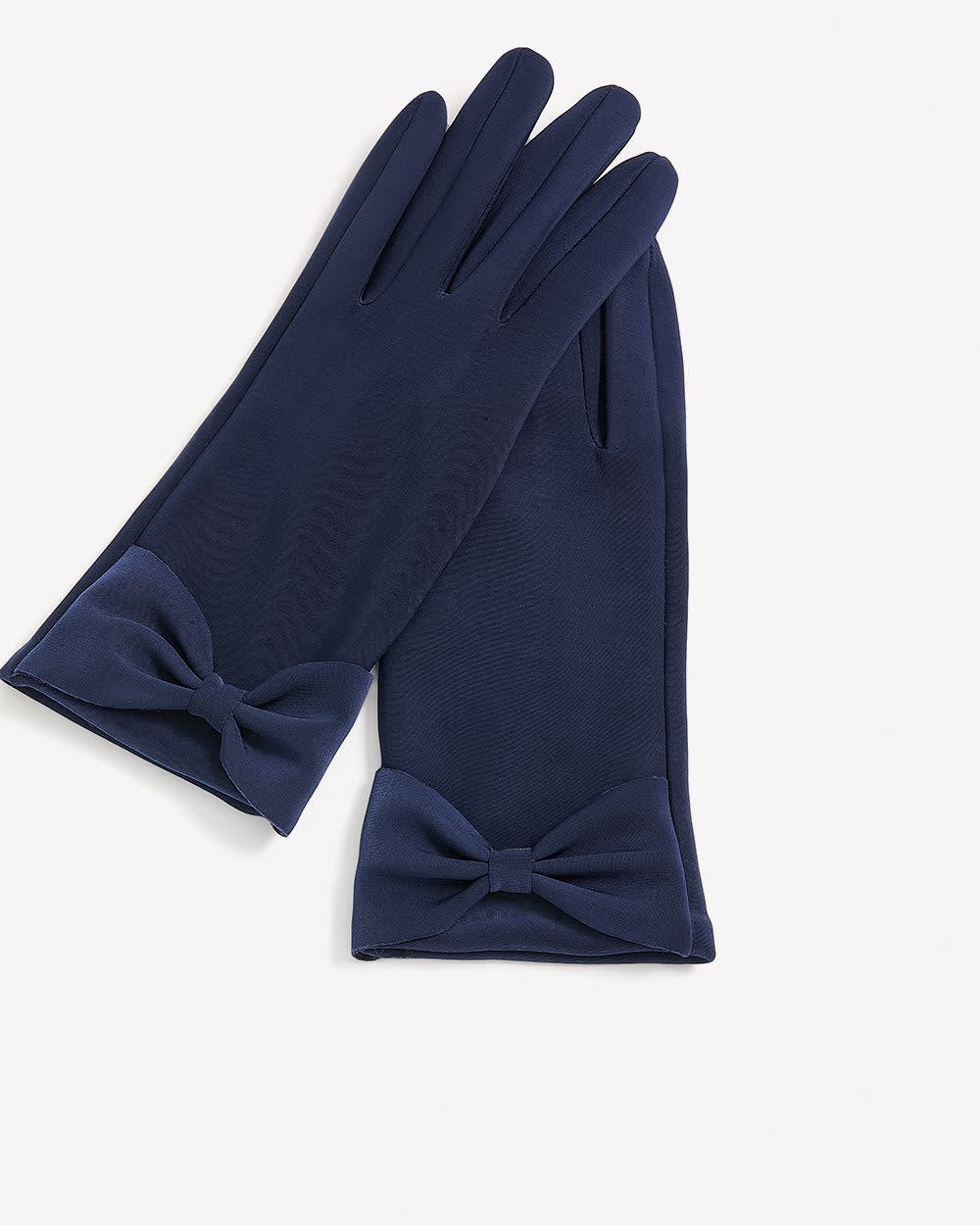 Knitted Dressy Gloves with Bow at Wrist Navy