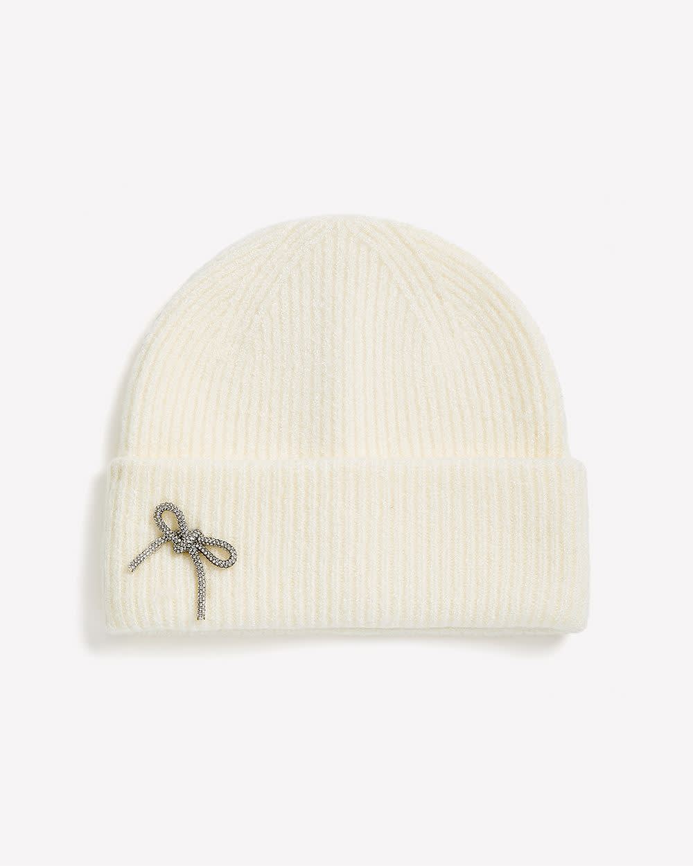 Ribbed Knit Beanie with Jewel Bow Off white