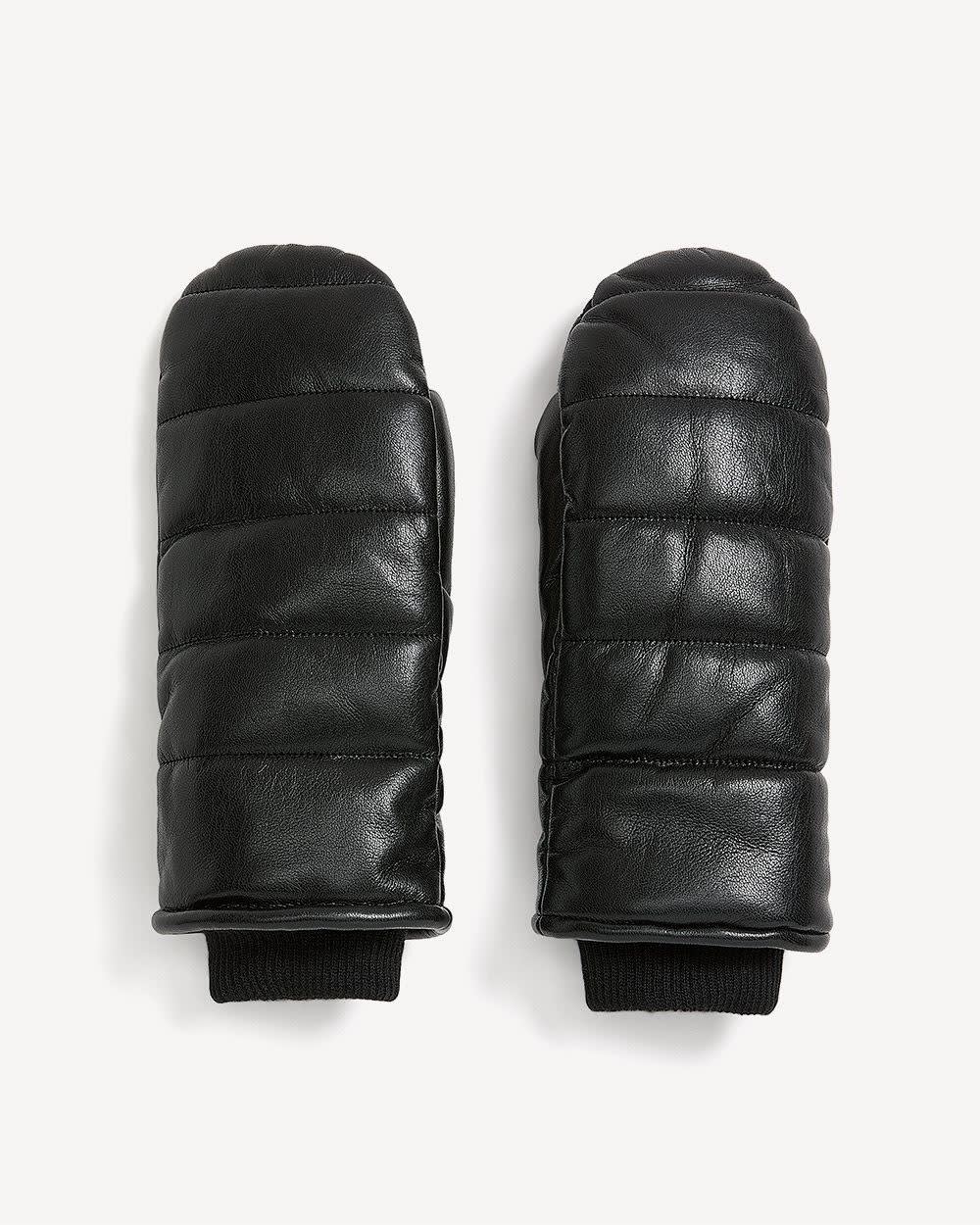 Quilted Faux-Leather Mittens Black