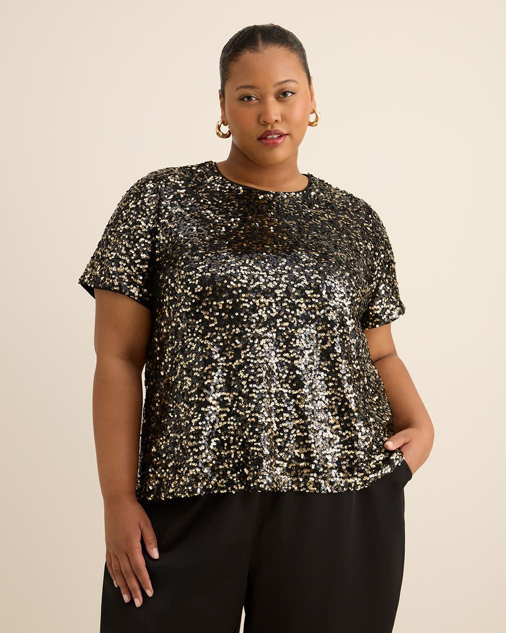 Short-Sleeve Sequins Crewneck Top Black and gold melange 1 Short-Sleeve Sequins Crewneck Top Black and gold melange