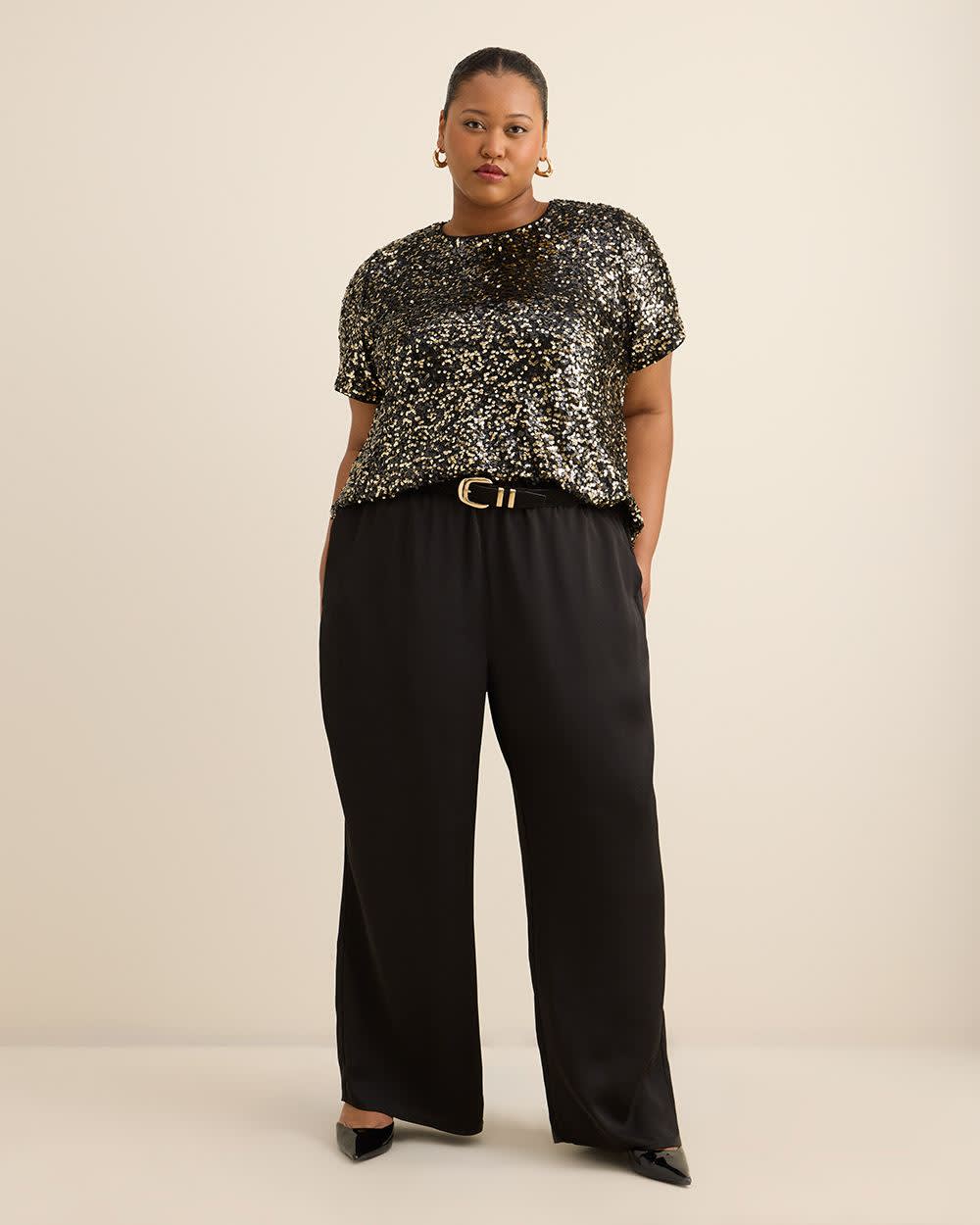 Short-Sleeve Sequins Crewneck Top Black and gold melange 2 Short-Sleeve Sequins Crewneck Top Black and gold melange