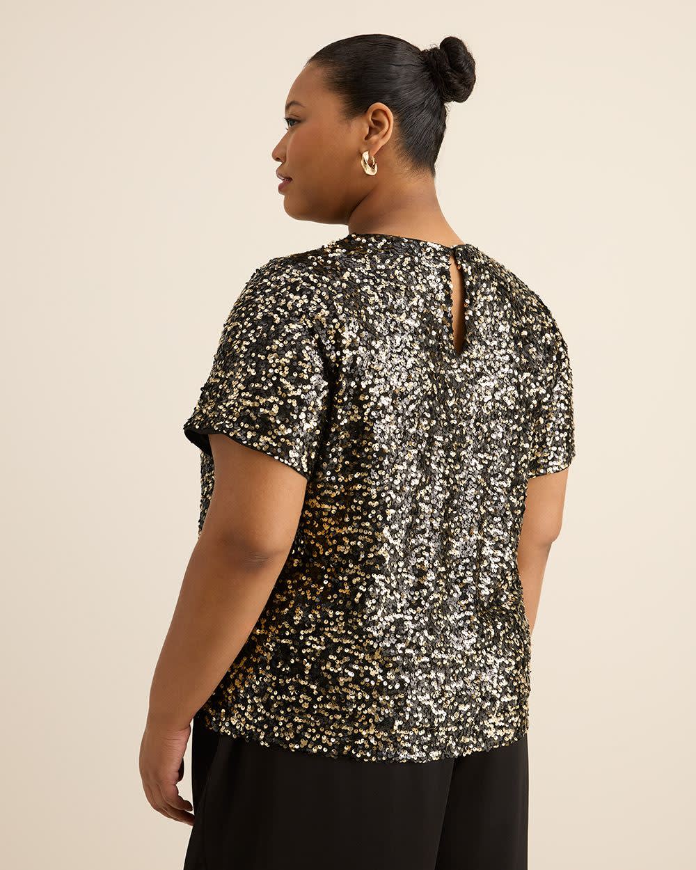 Short-Sleeve Sequins Crewneck Top Black and gold melange 3 Short-Sleeve Sequins Crewneck Top Black and gold melange