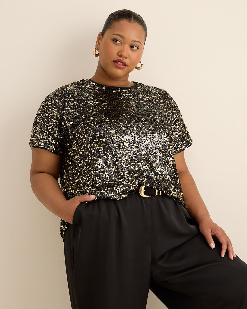 Short-Sleeve Sequins Crewneck Top Black and gold melange 4 Short-Sleeve Sequins Crewneck Top Black and gold melange