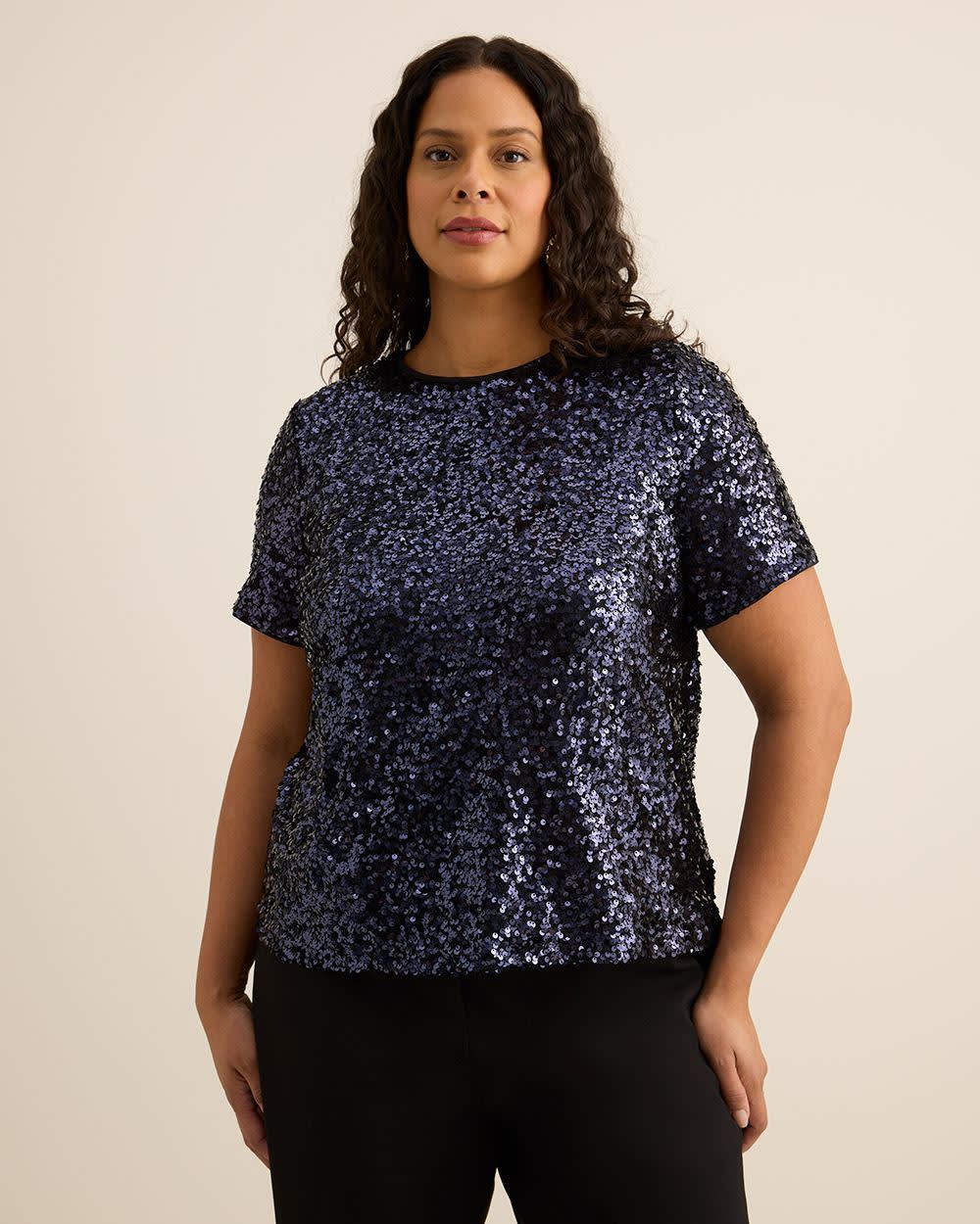 Short-Sleeve Sequins Crewneck Top Sky captain