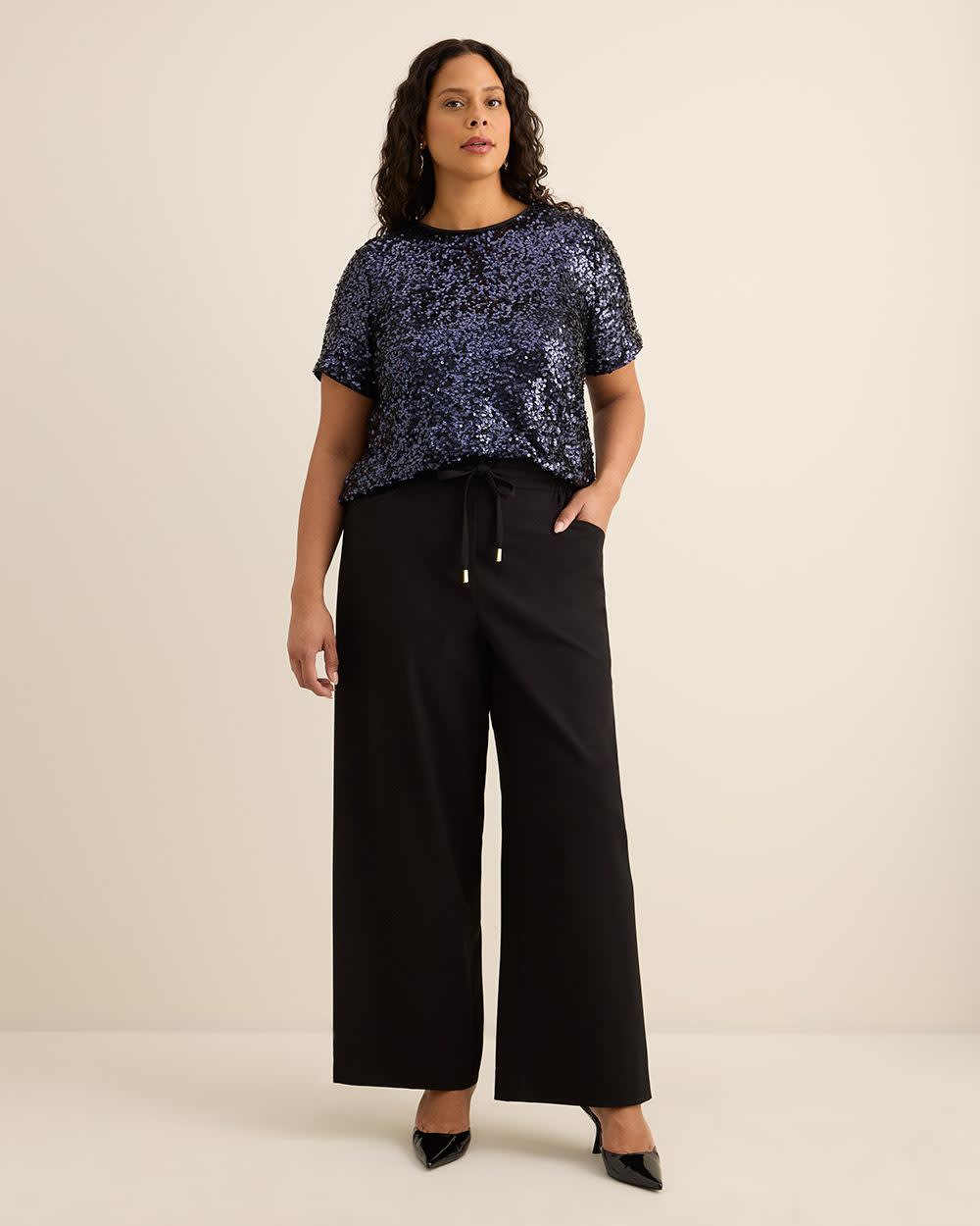 Short-Sleeve Sequins Crewneck Top Sky captain