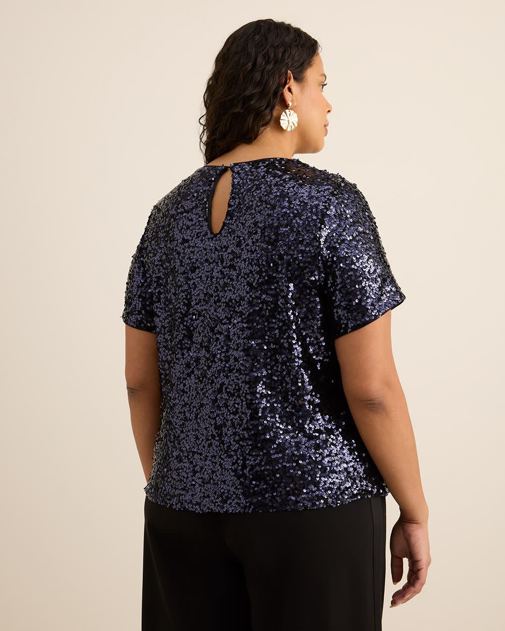 Short-Sleeve Sequins Crewneck Top Sky captain