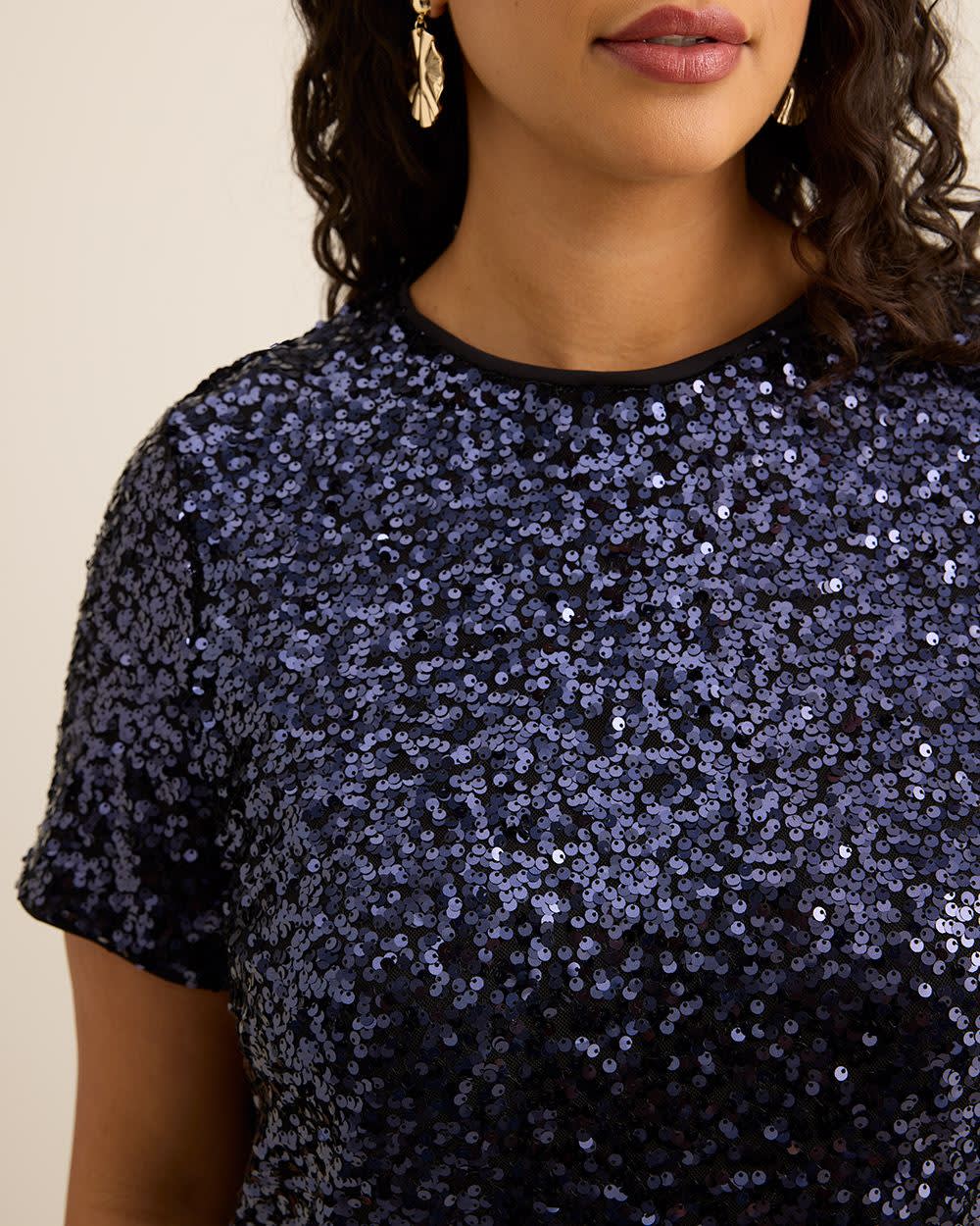 Short-Sleeve Sequins Crewneck Top Sky captain