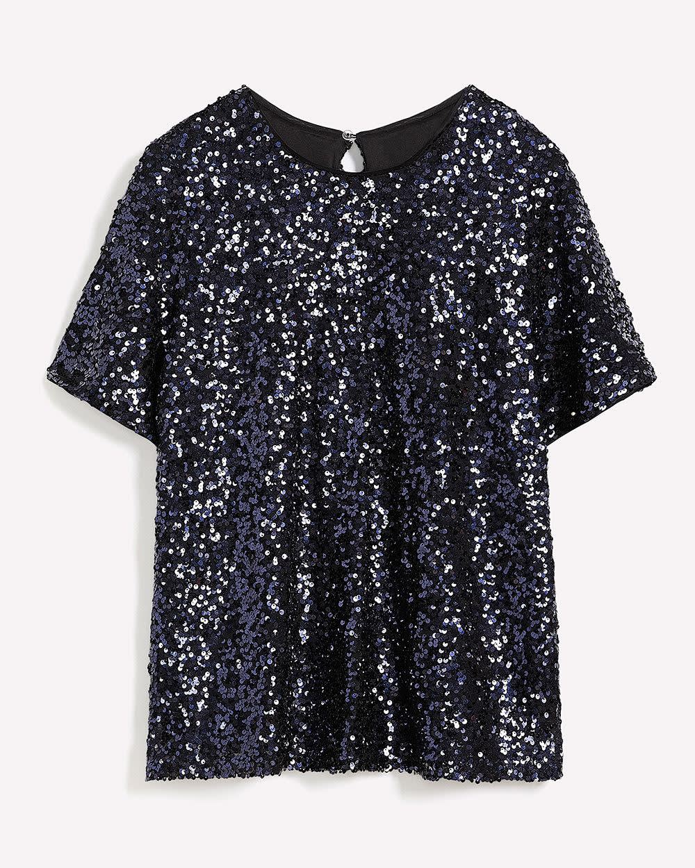 Short-Sleeve Sequins Crewneck Top Sky captain
