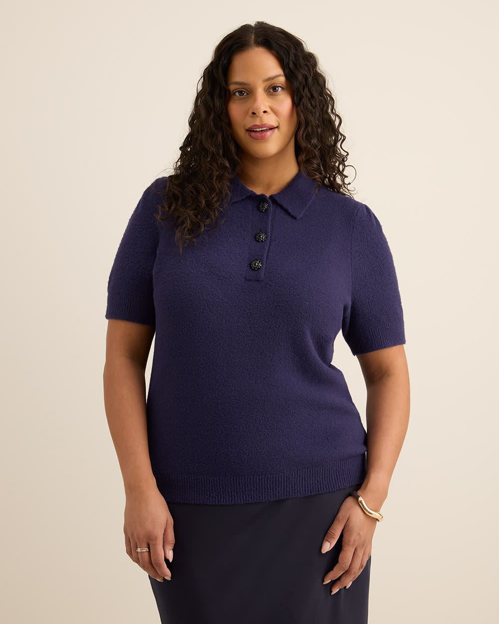 Plush Short-Sleeve Polo Sweater with Fancy Buttons Astral aura