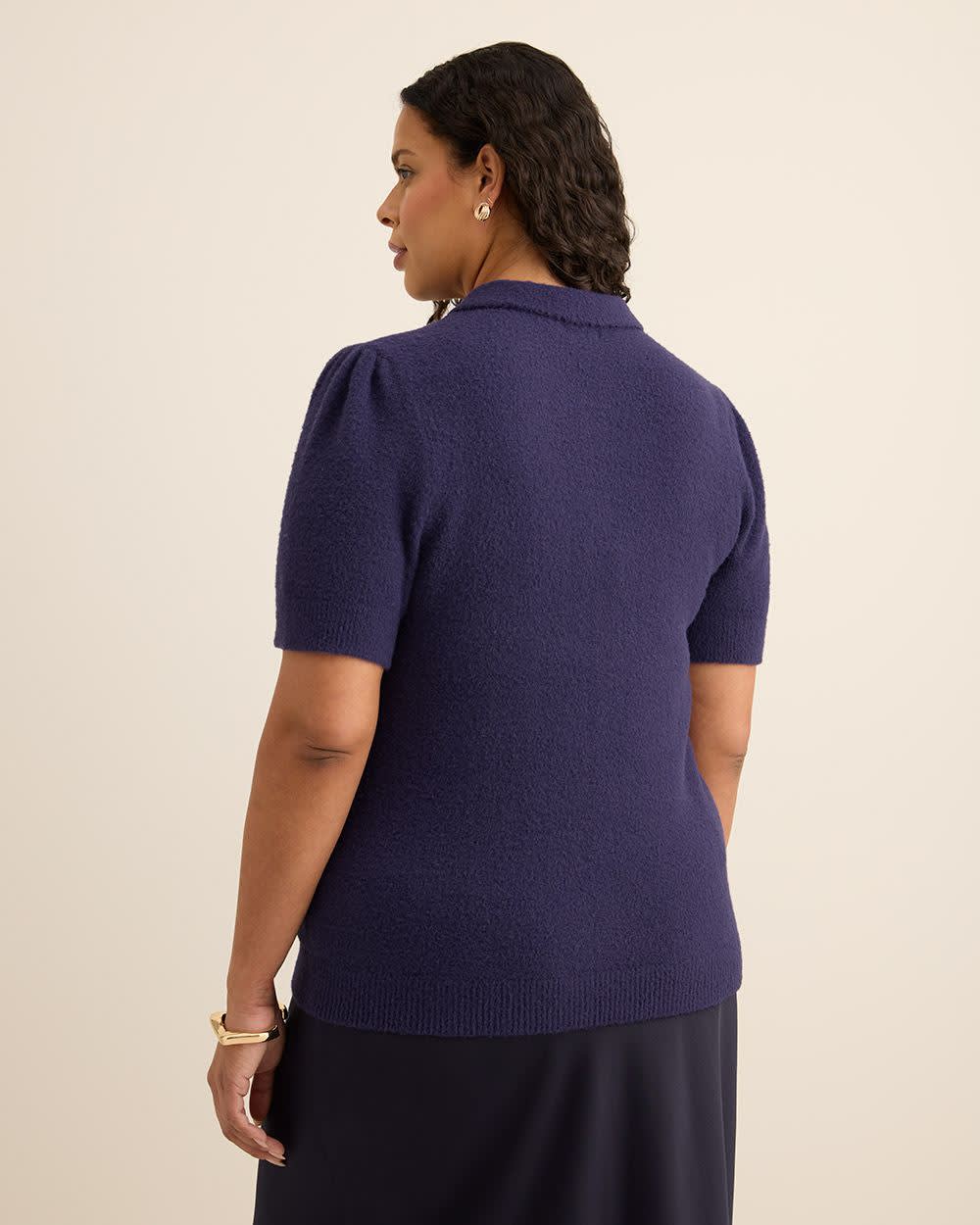 Plush Short-Sleeve Polo Sweater with Fancy Buttons Astral aura