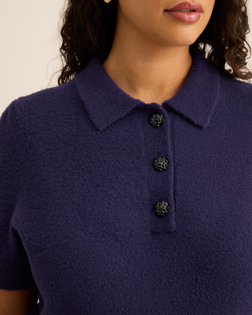 Plush Short-Sleeve Polo Sweater with Fancy Buttons Astral aura