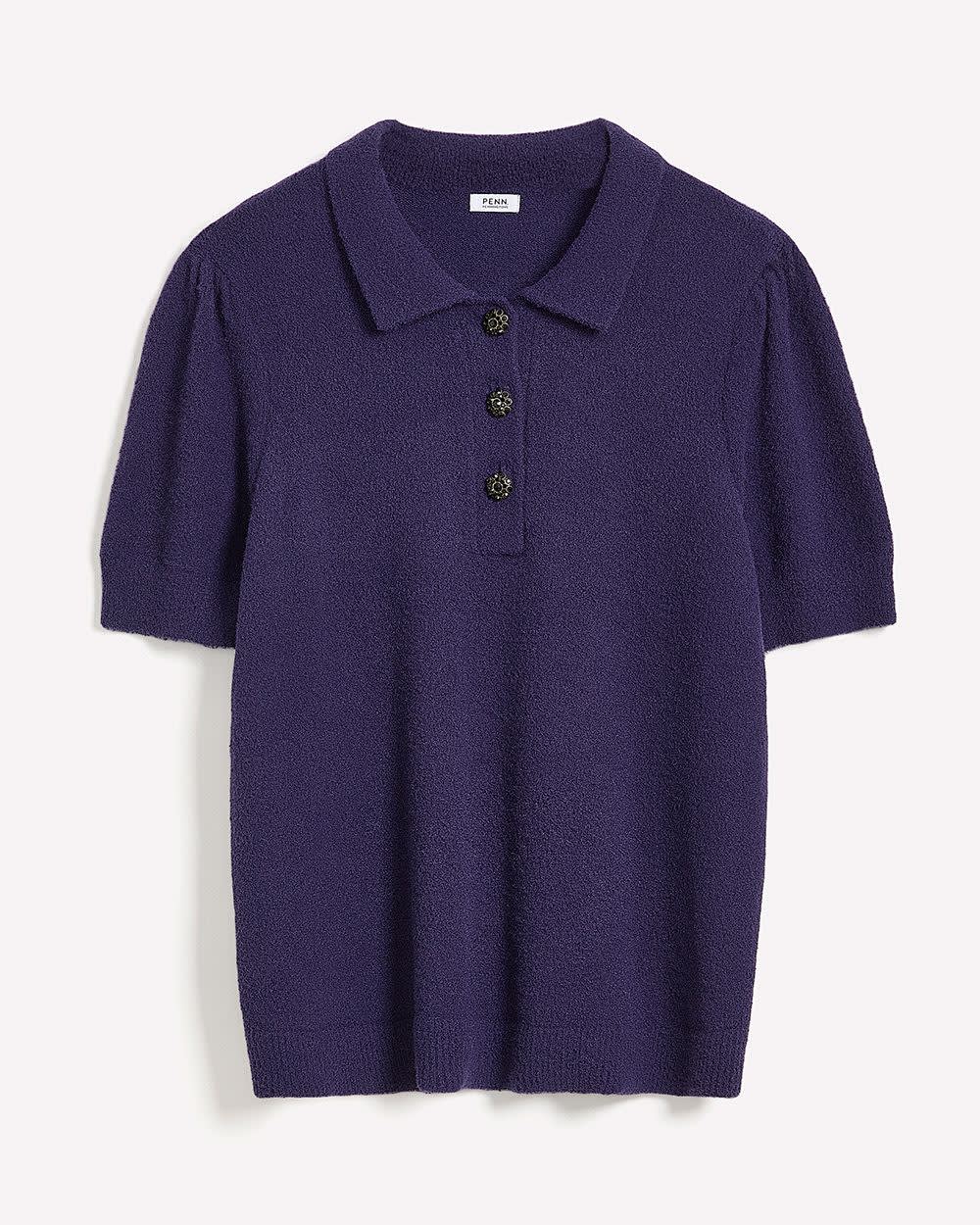 Plush Short-Sleeve Polo Sweater with Fancy Buttons Astral aura
