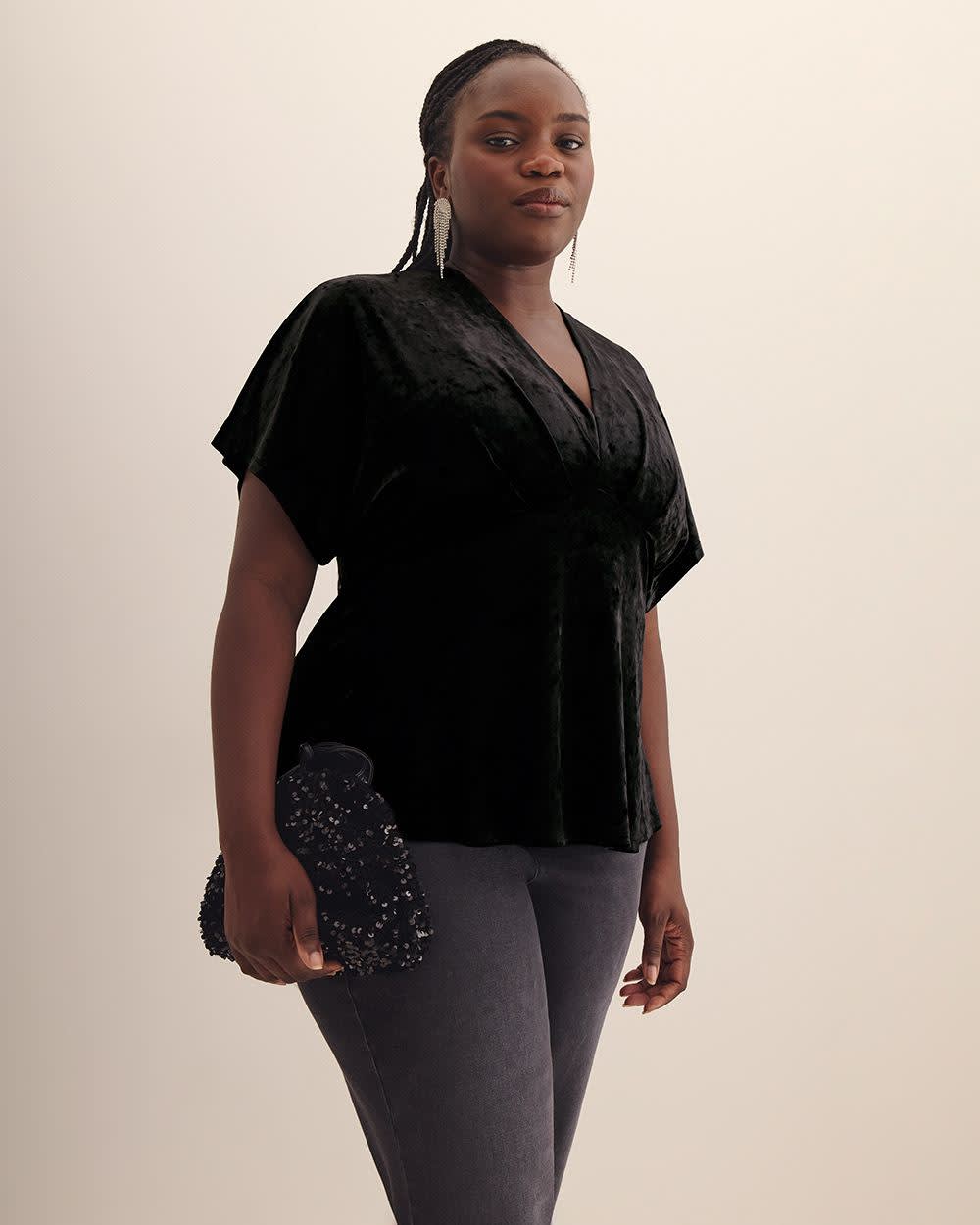 Fit-and-Flare Velvet Knit Top - Addition Elle Black