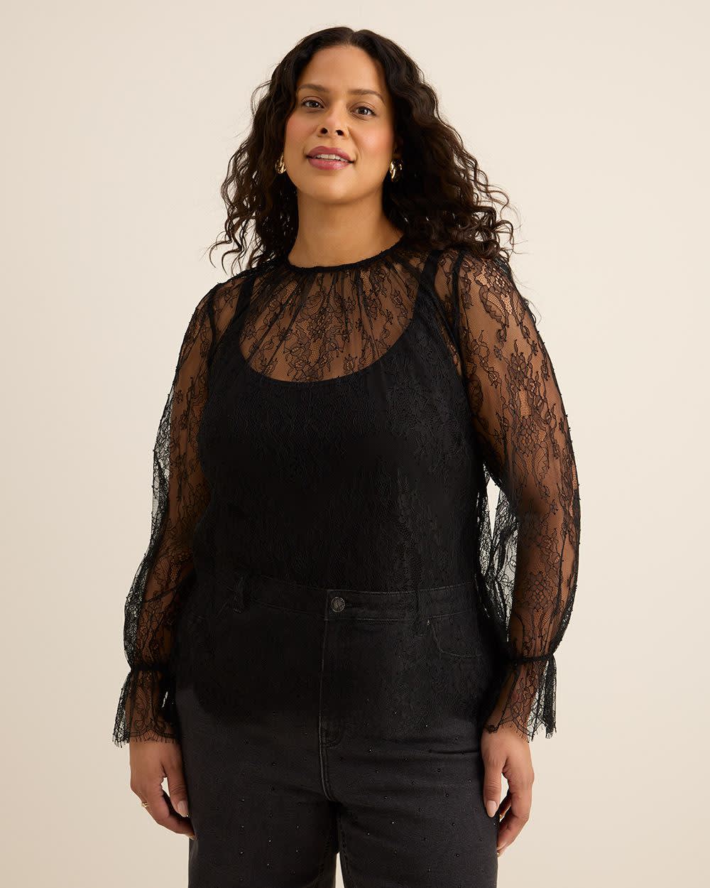 Black Lace Crewneck Blouse Black