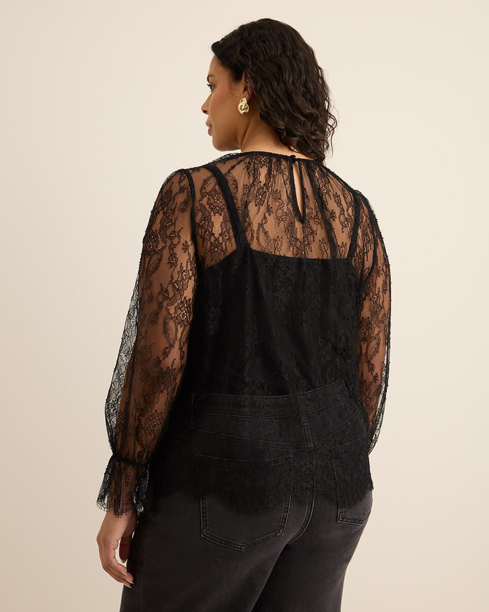 Black Lace Crewneck Blouse Black