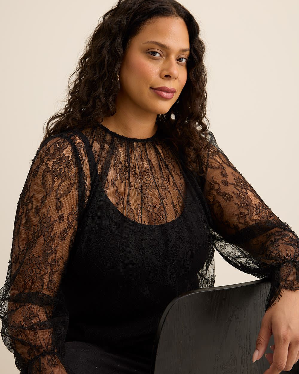 Black Lace Crewneck Blouse Black