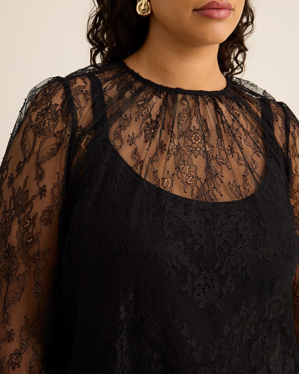 Black Lace Crewneck Blouse Black