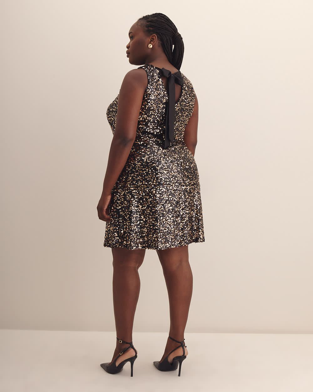 Flared Sequined Sleeveless Dress with Back Bow Black and gold melange 3 Flared Sequined Sleeveless Dress with Back Bow Black and gold melange