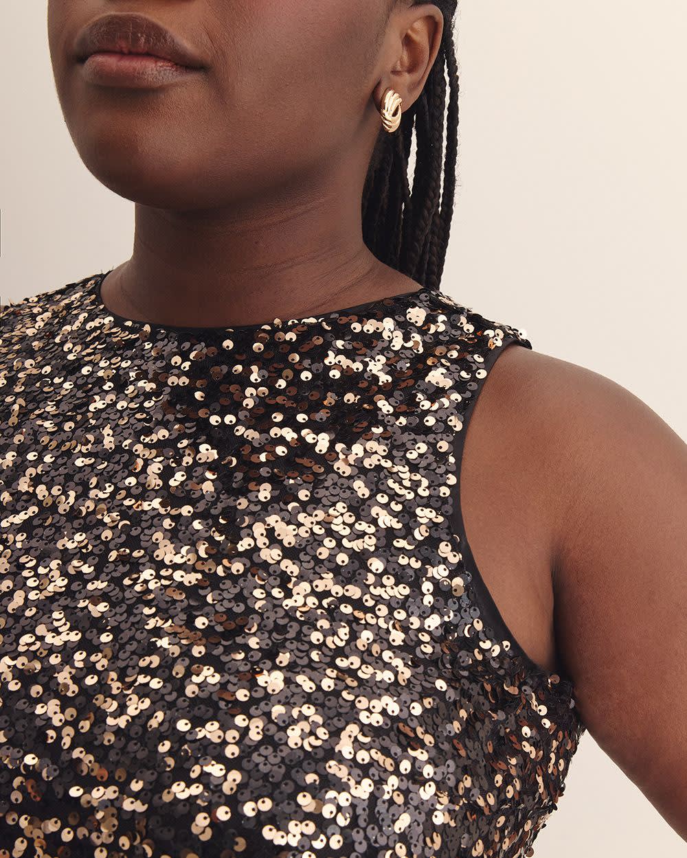 Flared Sequined Sleeveless Dress with Back Bow Black and gold melange 4 Flared Sequined Sleeveless Dress with Back Bow Black and gold melange