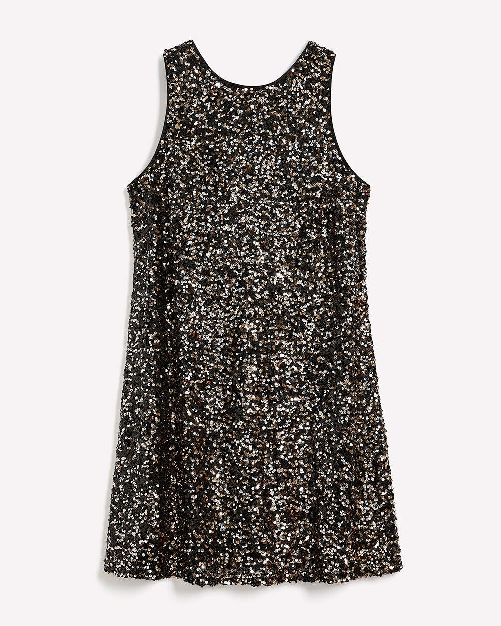 Flared Sequined Sleeveless Dress with Back Bow Black and gold melange 5 Flared Sequined Sleeveless Dress with Back Bow Black and gold melange