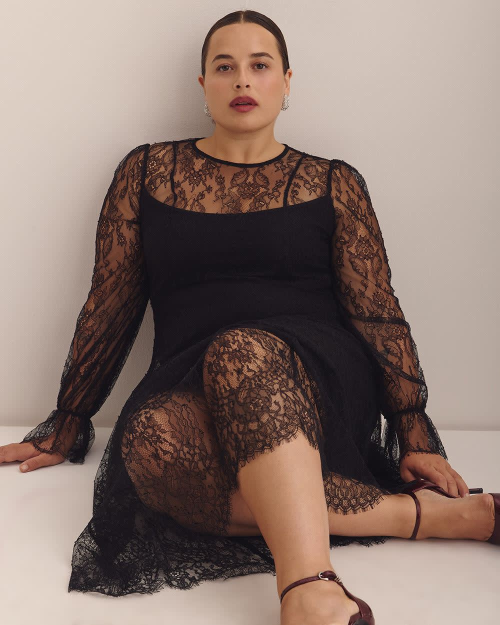 Black Sheer Lace Midi Dress with Balloon Sleeves Black