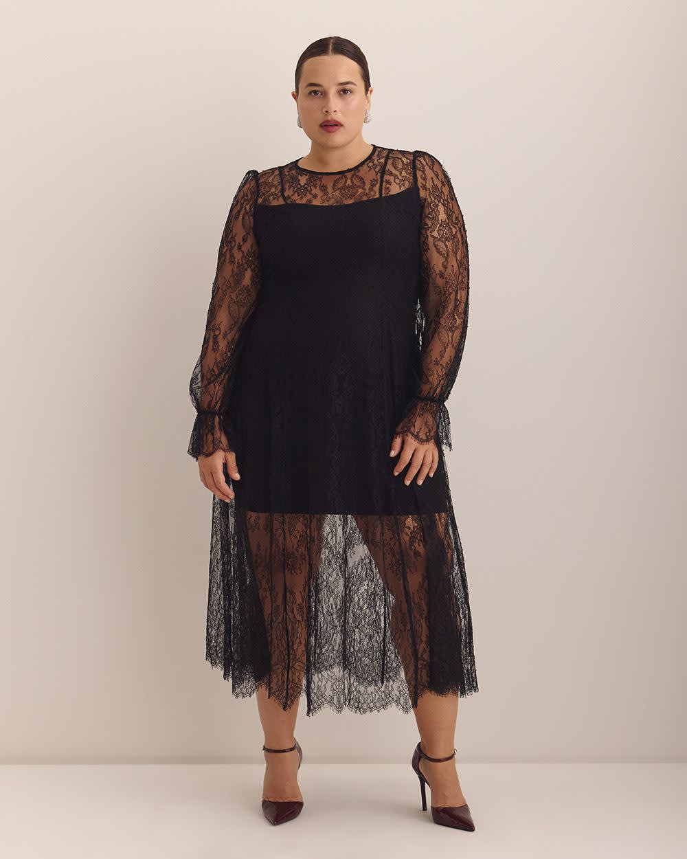Black Sheer Lace Midi Dress with Balloon Sleeves Black